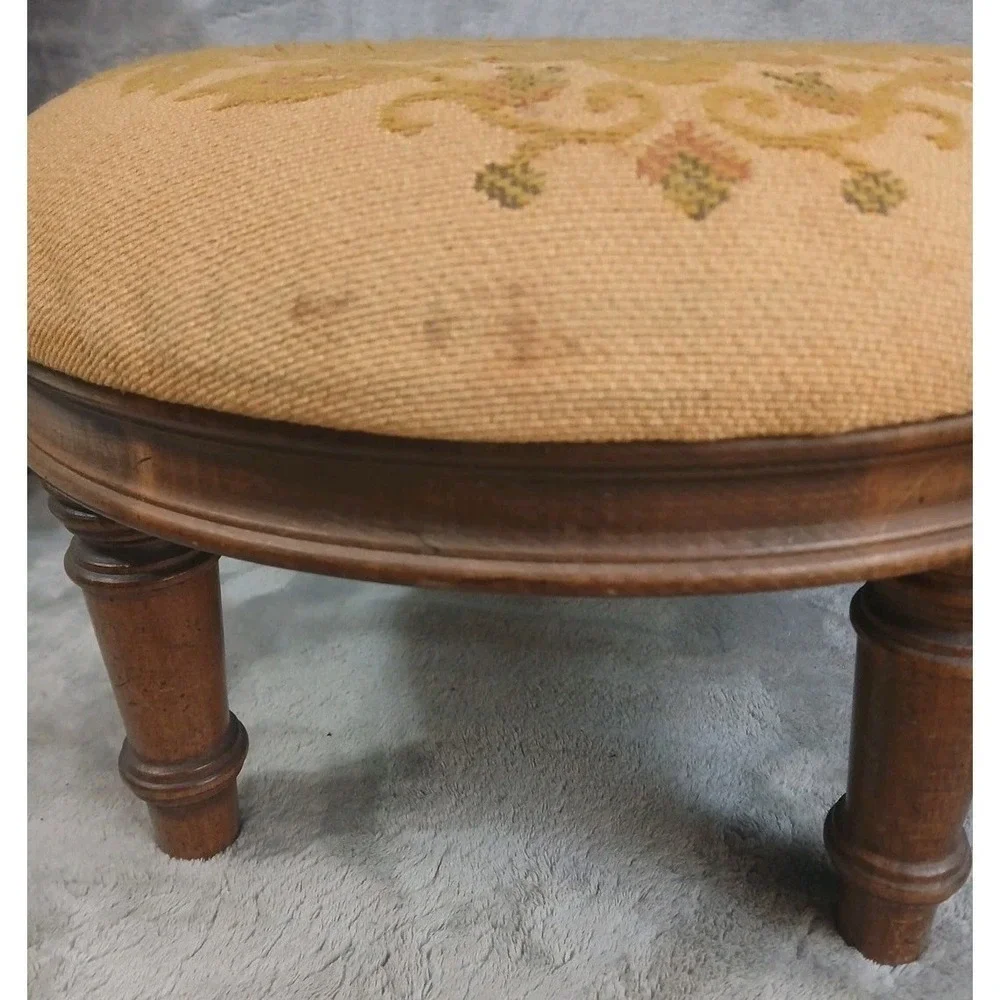 Vtg Ethan‎ Allen Wood Footstool Turned Leg Original Needlework Upholstery READ